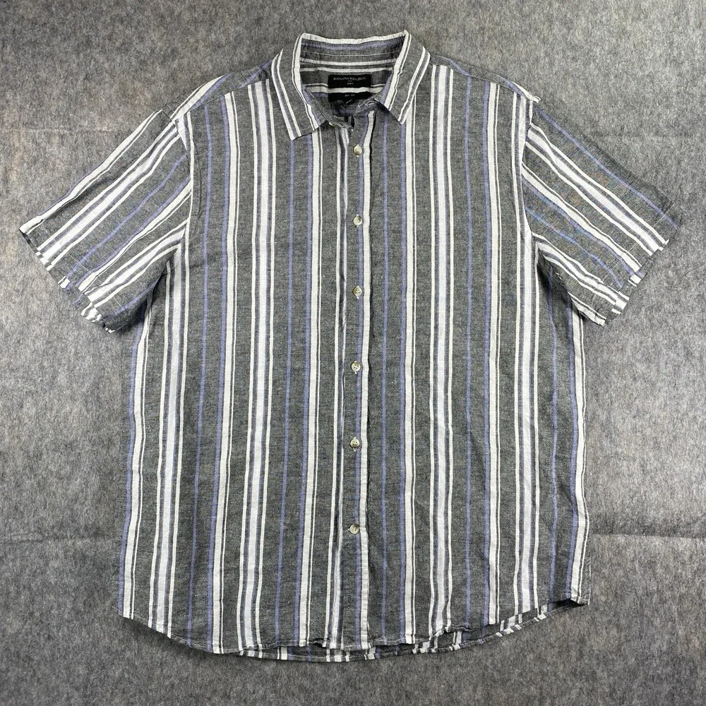 Banana Republic Linen Shirt Men's XL Slim Striped Short Sleeve Gray Blue Summer